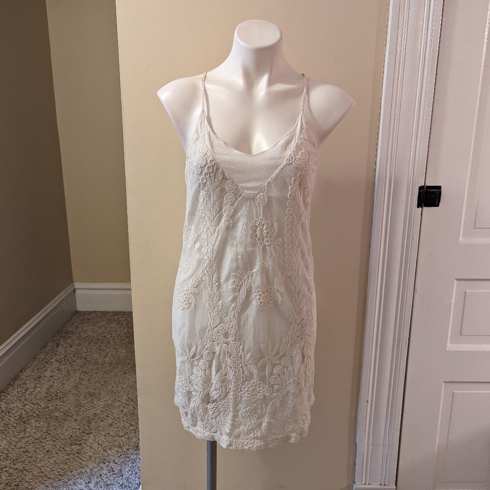 Language cream silk cotton blend boho dress with embroidery size XS